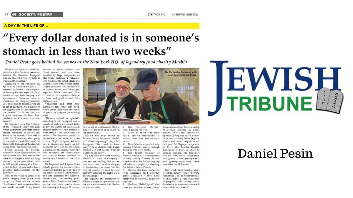 Masbia Press Release: Every Dollar Donate Is In Someone’s Stomach In Less Than Two Weeks